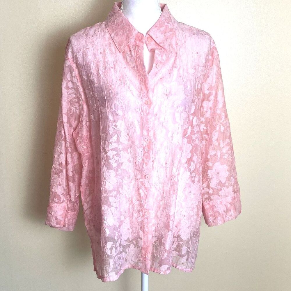Alfred Dunner Pink Romantic Semi Sheer Floral Burnout Top 18 Sequins Embroidery